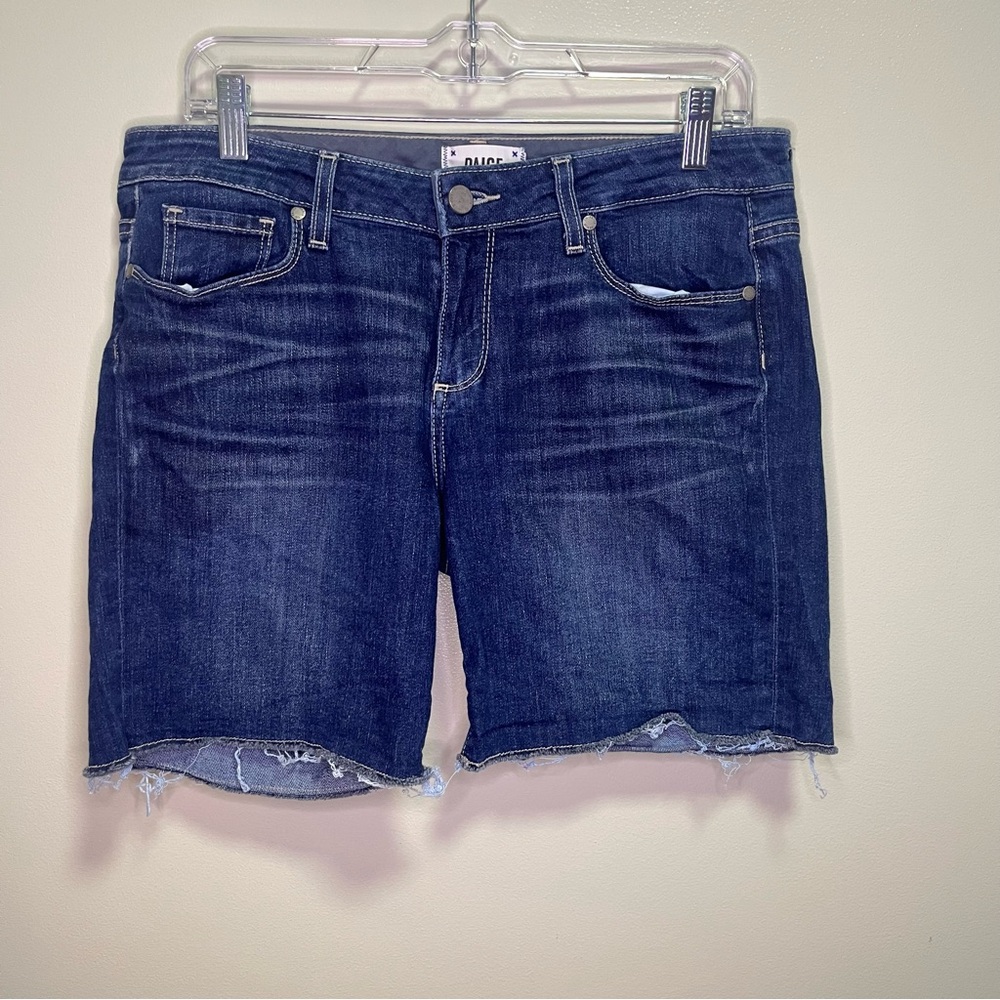 Paige Denim Grant Short Dark Wash SZ 29 7" Inseam Raw Hem Midrise Cream Stitch